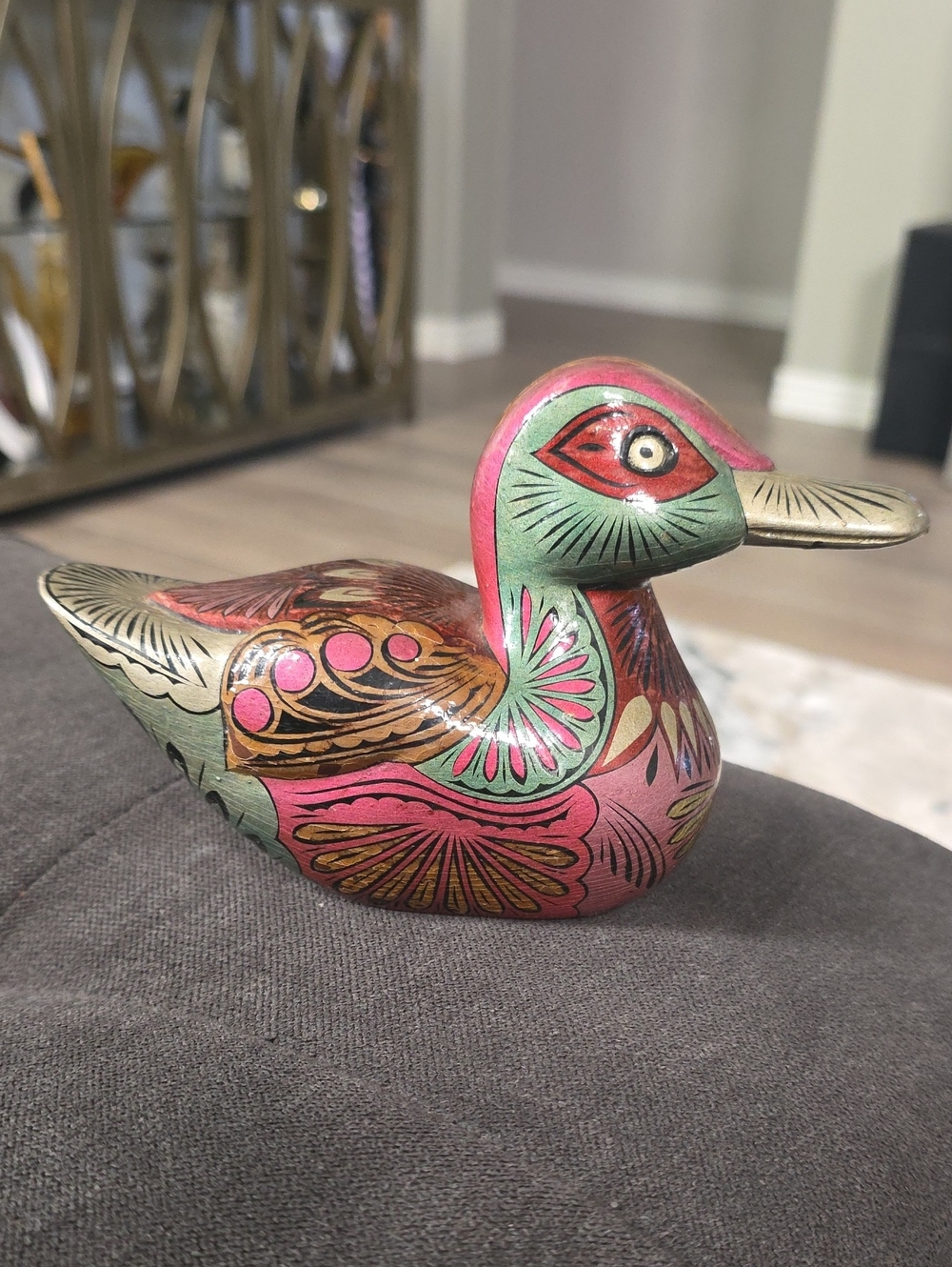 Hand-Painted Folk Art Decorative Duck Figurine in Pink and Green